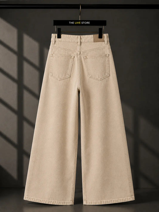 BEIGE WIDE LEG BAGGY JEANS The Live Store