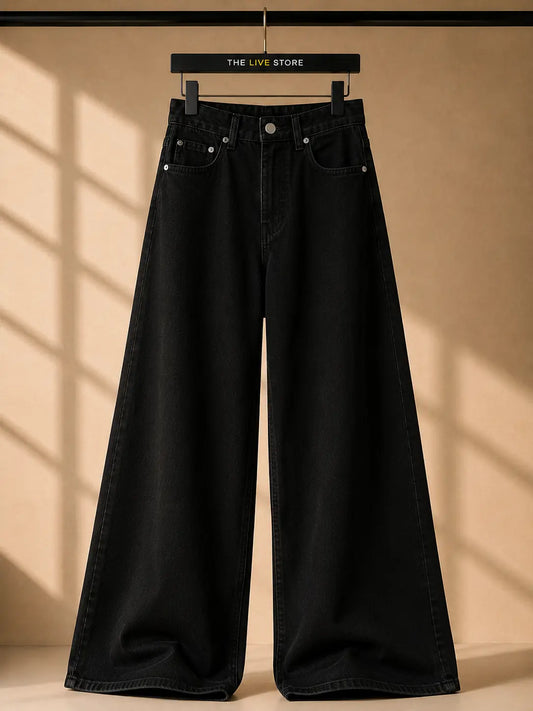 JET BLACK WIDE LEG BAGGY JEANS The Live Store