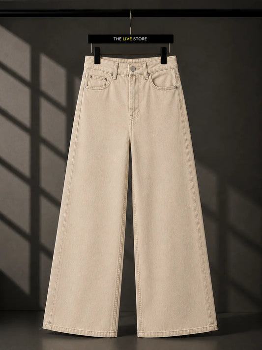 BEIGE WIDE LEG BAGGY JEANS The Live Store