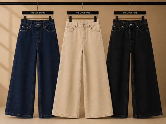 SET OF THREE WIDE LEG JEANS (DARK BLUE, BEIGE, BLACK) The Live Store