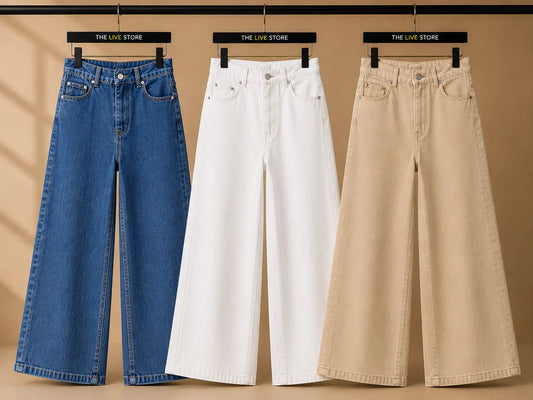 SET OF THREE JEANS (MID BLUE, WHITE, BEIGE) The Live Store