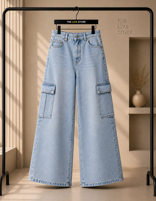SKY BLUE WIDE LEG CARGO JEANS The Live Store