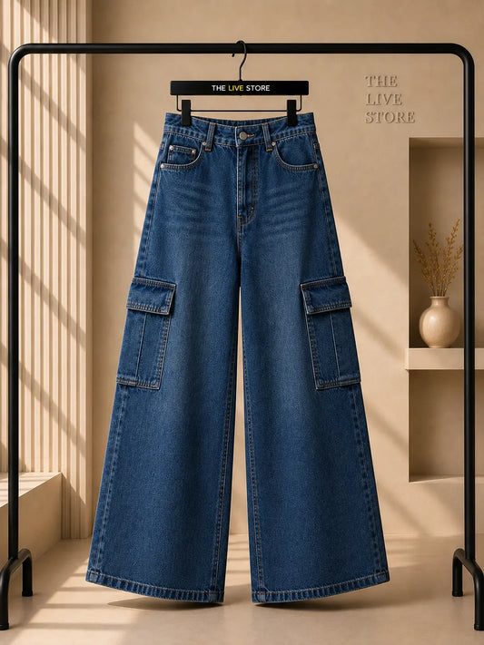 MID BLUE WIDE LEG CARGO JEANS The Live Store