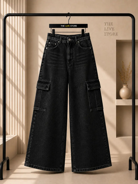 JET BLACK WIDE LEG CARGO JEANS The Live Store