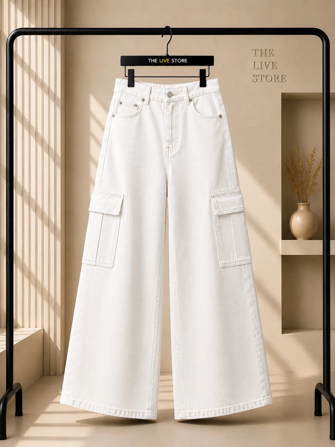 WHITE WIDE LEG CARGO JEANS The Live Store