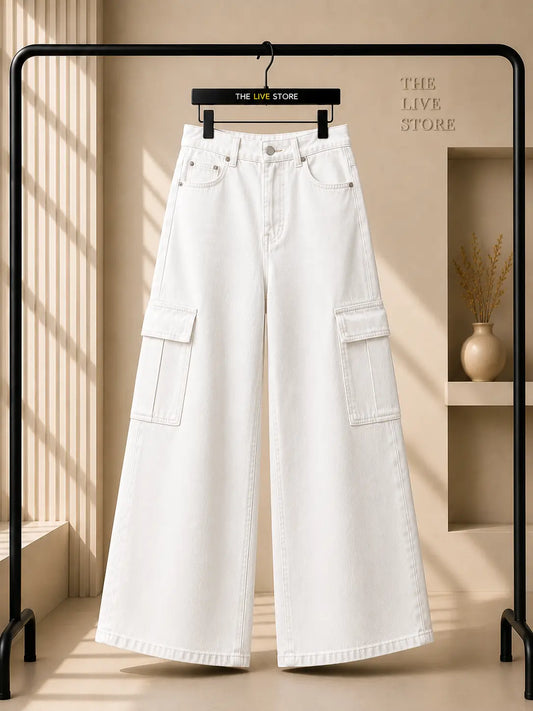 WHITE WIDE LEG CARGO JEANS The Live Store