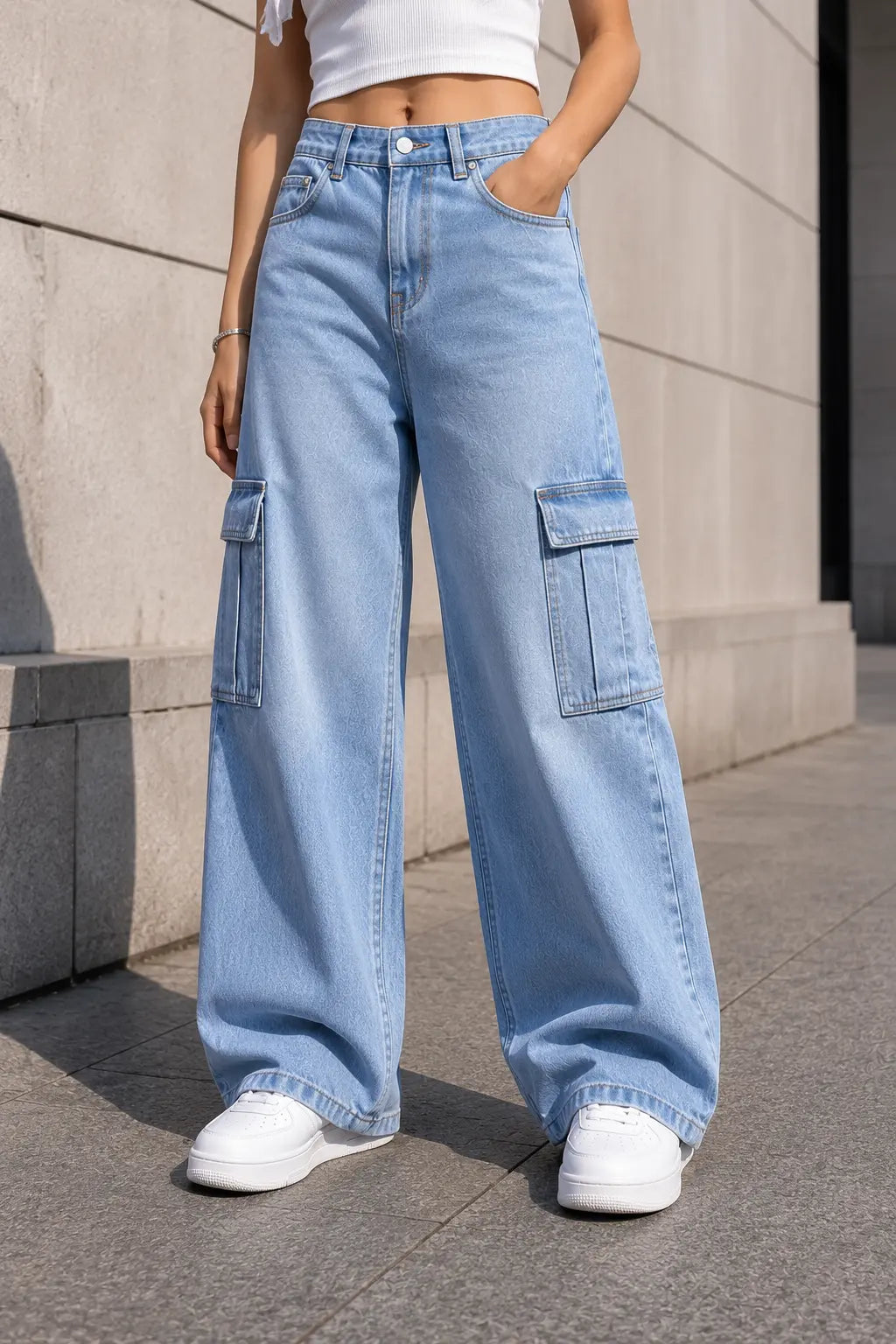 SKY BLUE WIDE LEG CARGO JEANS The Live Store