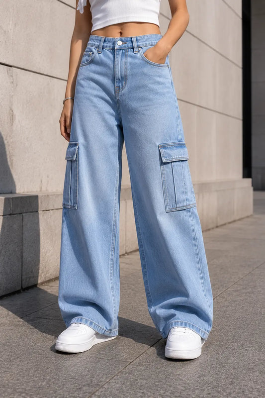 SKY BLUE WIDE LEG CARGO JEANS The Live Store