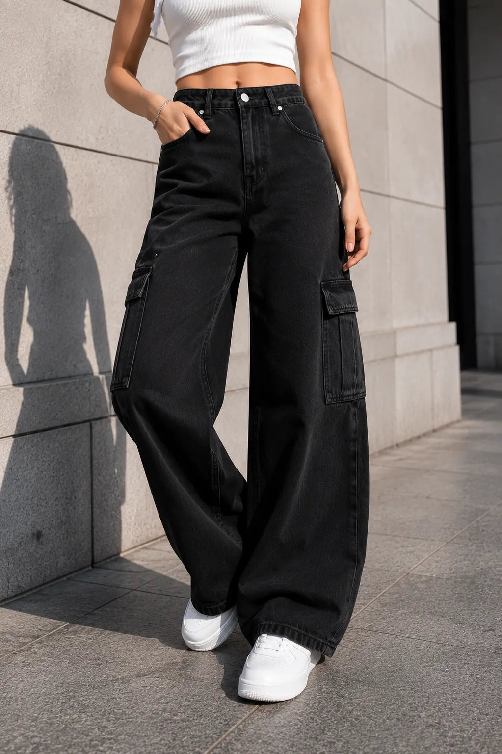 JET BLACK WIDE LEG CARGO JEANS The Live Store