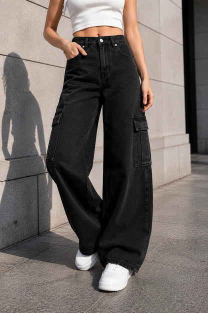 JET BLACK WIDE LEG CARGO JEANS The Live Store