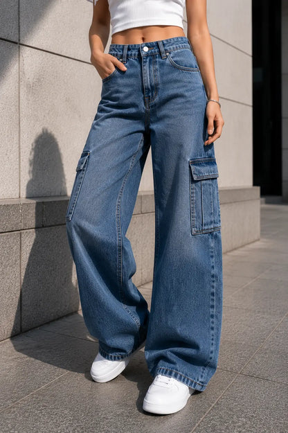 MID BLUE WIDE LEG CARGO JEANS The Live Store