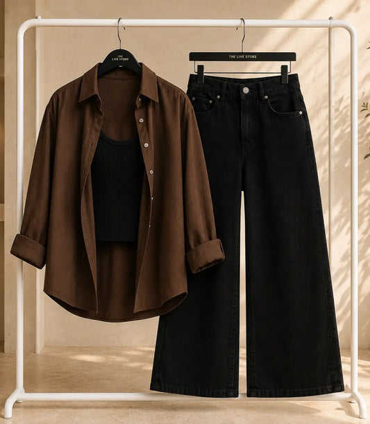 TRIO SET (BROWN BUTTON DOWN SHIRT BLACK TANK TOP BLACK WIDE LEG JEANS) The Live Store