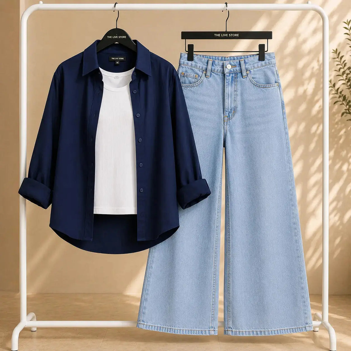TRIO SET NAVY BLUE BUTTON DOWN SHIRT, WHITE TANK TOP, SKY BLUE WIDE LEG JEANS The Live Store