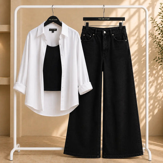 TRIO PACK ( WHITE BUTTON DOWN SHIRT WITH BLACK INNER AND BLACK FLAPPER TROUSER) The Live Store