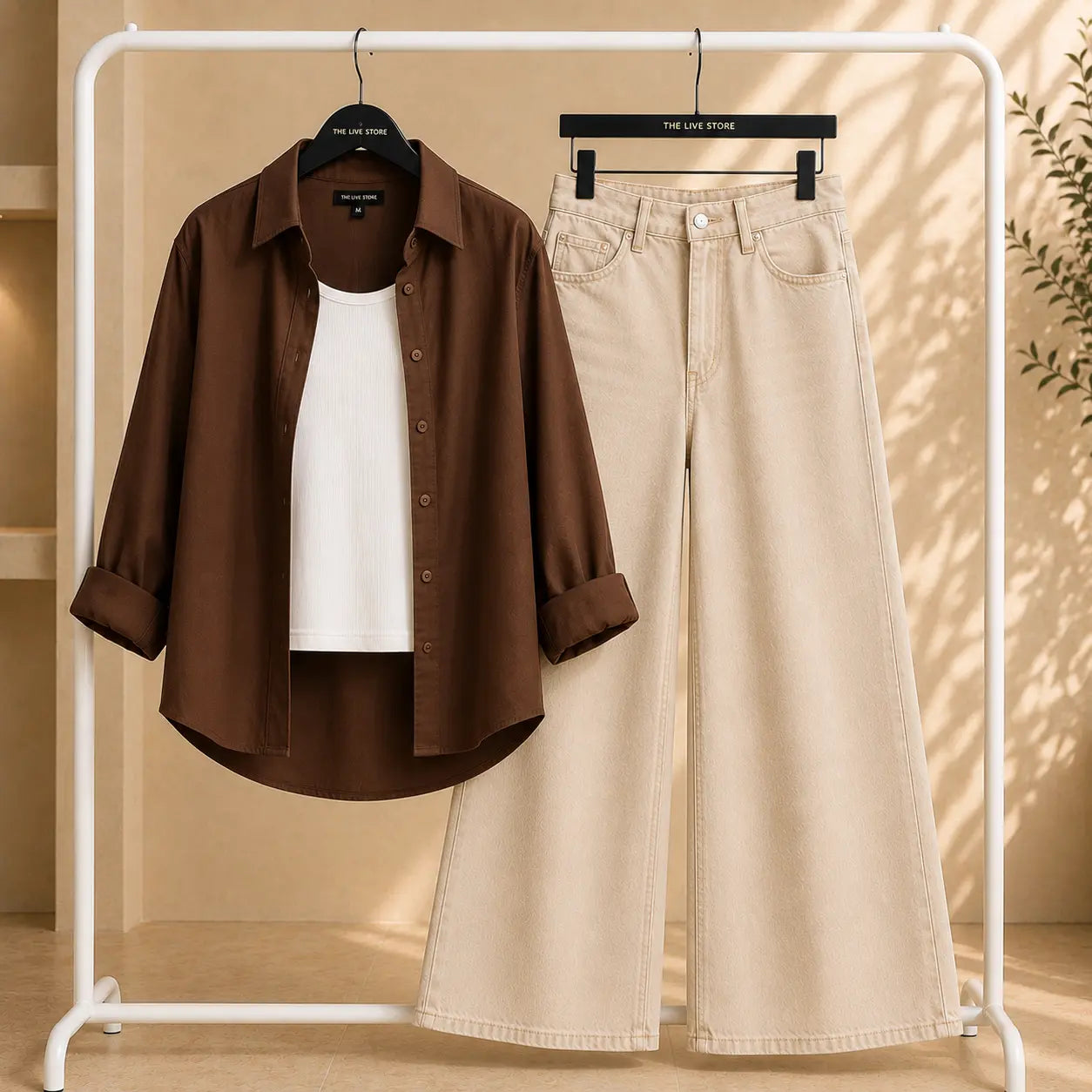 TRIO SET (BROWN BUTTON DOWN SHIRT, WHITE TANK TOP, BEIGE WIDE LEG JEANS) The Live Store