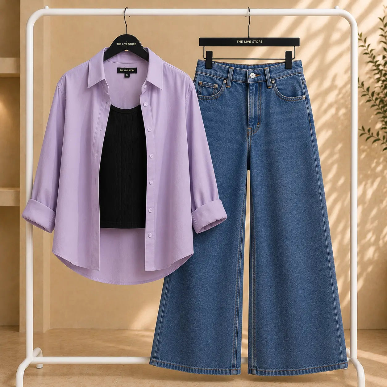 TRIO SET (LILAC BUTTON DOWN SHIRT, BLACK TANK TOP, MID BLUE WIDE LEG JEANS) The Live Store