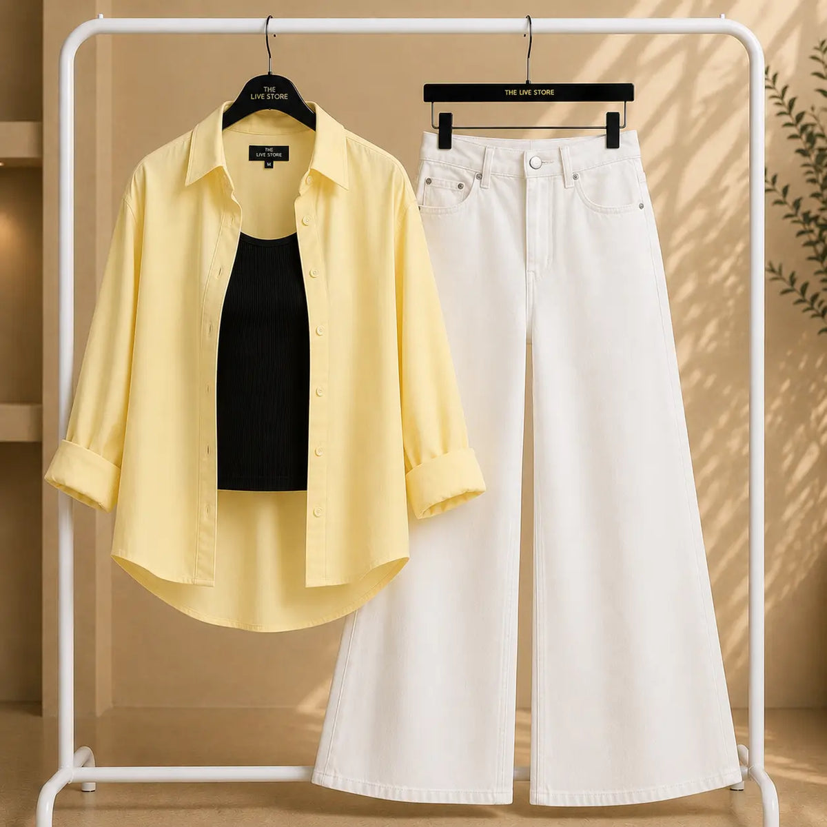 TRIO SET (BUTTER YELLOW BUTTON DOWN SHIRT, BLACK TANK TOP, WHITE WIDE LEG JEANS) The Live Store