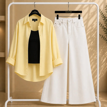 TRIO SET (BUTTER YELLOW BUTTON DOWN SHIRT, BLACK TANK TOP, WHITE WIDE LEG JEANS) The Live Store