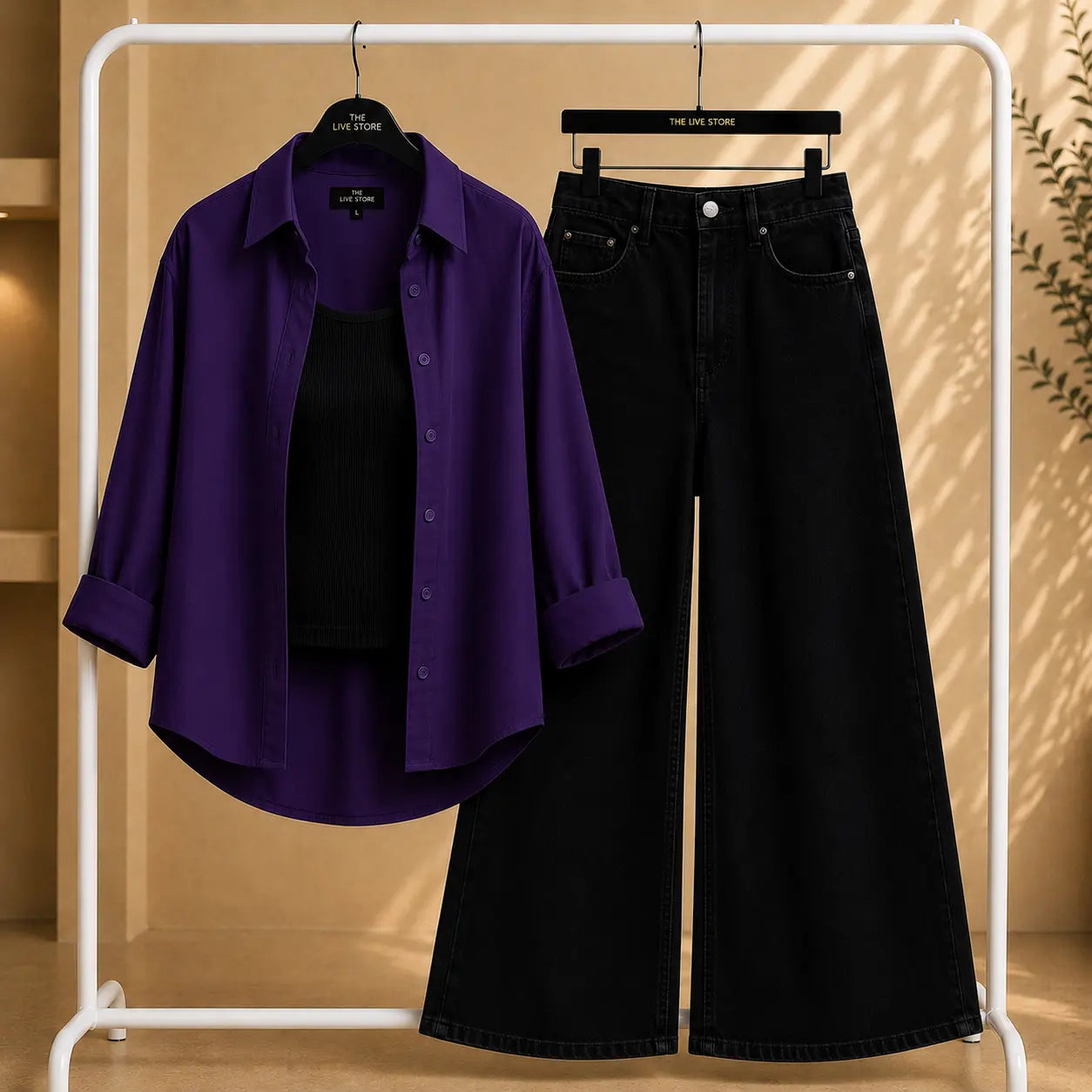 TRIO SET (DARK PURPLE BUTTON DOWN SHIRT, BLACK TANK TOP, BLACK WIDE LEG JEANS) The Live Store