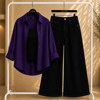 TRIO SET (DARK PURPLE BUTTON DOWN SHIRT, BLACK TANK TOP, BLACK WIDE LEG JEANS) The Live Store