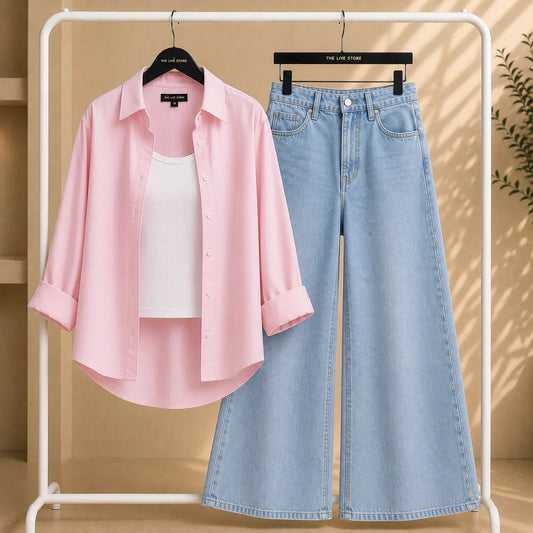 TRIO SET (BABY PINK BUTTON DOWN SHIRT, WHITE TANK TOP, SKY BLUE WIDE LEG JEANS) The Live Store