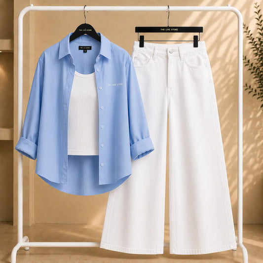TRIO SET (SKY BLUE BUTTON DOWN SHIRT, WHITE TANK TOP, WHITE WIDE LEG JEANS) The Live Store