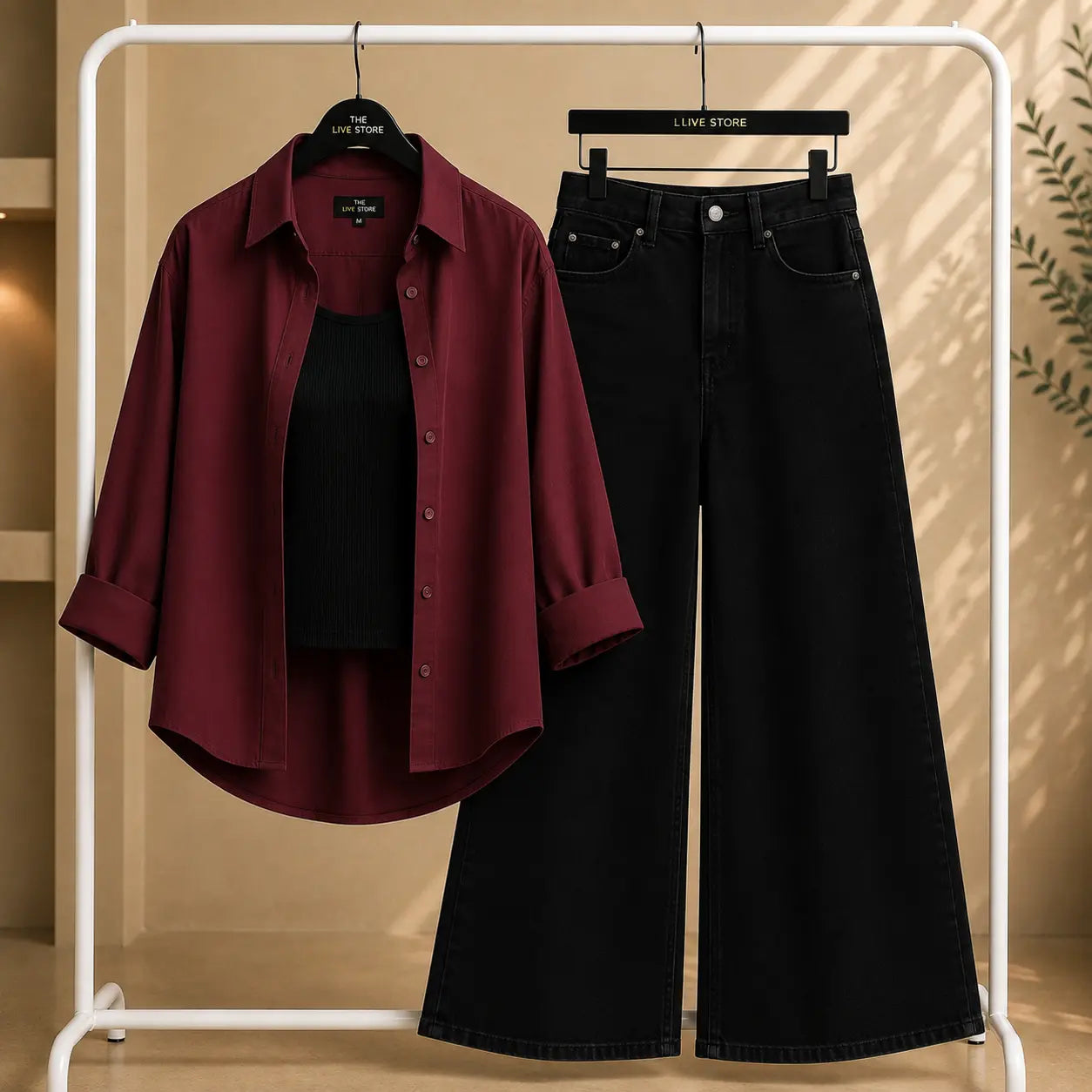 TRIO SET (MAROON BUTTON DOWN SHIRT, BLACK TANK TOP, BLACK WIDE LEG JEANS) The Live Store