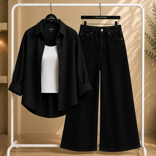 TRIO SET (BLACK BUTTON DOWN SHIRT, WHITE TANK TOP, BLACK WIDE LEG JEANS) The Live Store
