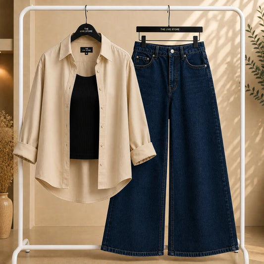 TRIO SET (BEIGE BUTTON DOWN SHIRT, BLACK TANK TOP, DARK BLUE WIDE LEG JEANS) The Live Store