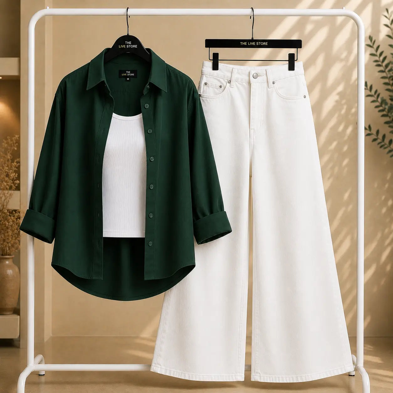 TRIO SET (BOTTLE GREEN BUTTON DOWN SHIRT, WHITE INNER TANK, WHITE WIDE LEG JEANS) The Live Store