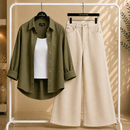 TRIO SET (OLIVE GREEN BUTTON DOWN SHIRT, WHITE TANK TOP, BEIGE WIDE LEG JEANS) . The Live Store