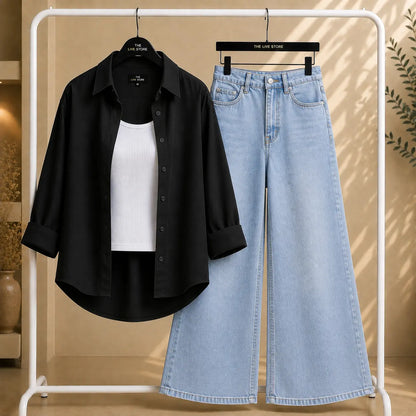 TRIO SET (BLACK BUTTON DOWN SHIRT, WHITE TANK TOP, SKY BLUE WIDE LEG JEANS) The Live Store