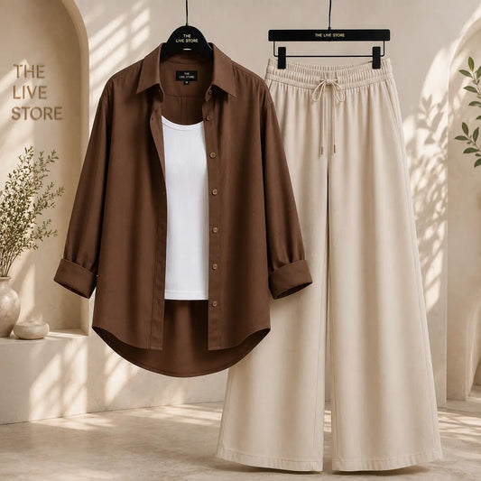 TRIO PACK ( DARK BROWN BUTTON DOWN SHIRT WITH WHITE INNER AND BEIGE FLAPPER TROUSER )