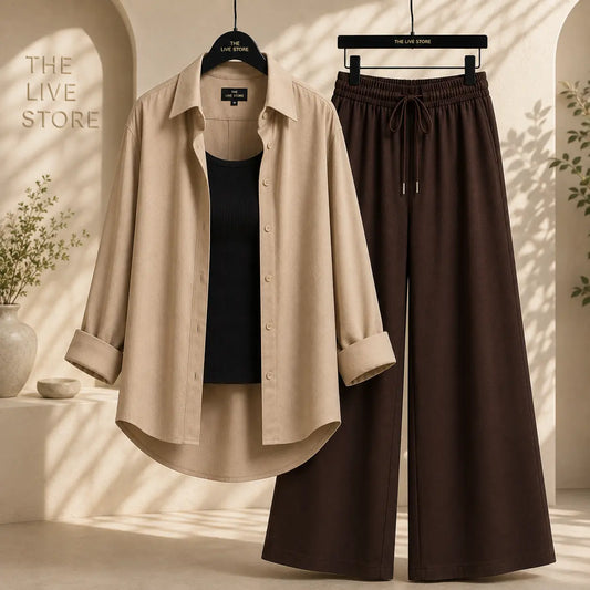 TRIO PACK ( BEIGE BUTTON DOWN SHIRT WITH BLACK INNER AND BROWN FLAPPER TROUSER ) The Live Store