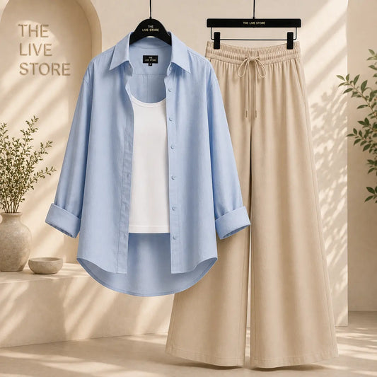 TRIO PACK ( SKY BLUE BUTTON DOWN SHIRT WITH WHITE INNER AND BEIGE FLAPPER TROUSER ) The Live Store