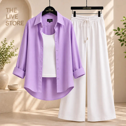 TRIO PACK ( LILAC BUTTON DOWN SHIRT WITH WHITE INNER AND WHITE FLAPPER TROUSER ) The Live Store
