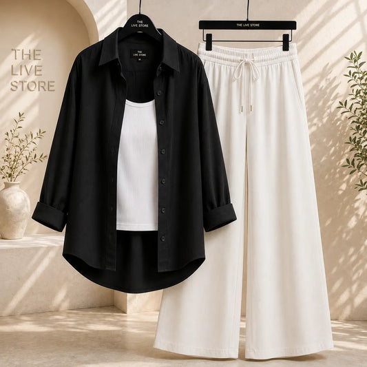 TRIO PACK ( BLACK BUTTON DOWN SHIRT WITH WHITE INNER AND WHITE FLAPPER TROUSER) The Live Store