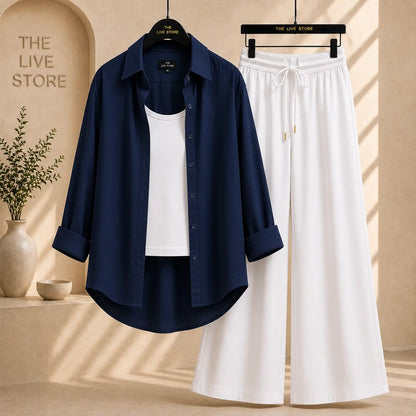 TRIO PACK ( NAVY BLUE BUTTON DOWN SHIRT WITH WHITE INNER AND WHITE FLAPPER TROUSER) The Live Store