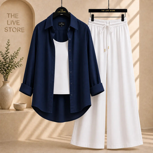 TRIO PACK ( NAVY BLUE BUTTON DOWN SHIRT WITH WHITE INNER AND WHITE FLAPPER TROUSER) The Live Store