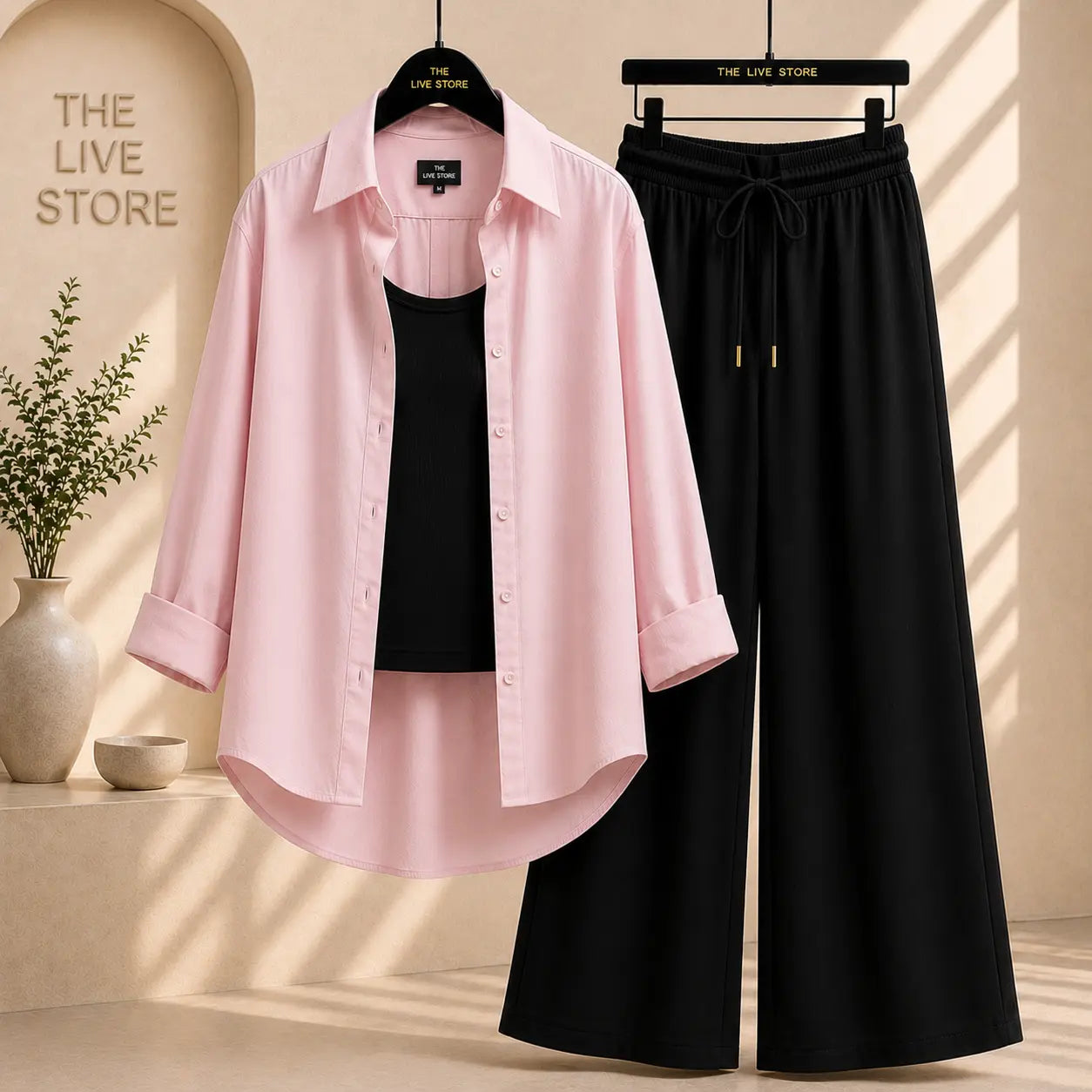 TRIO PACK ( BABY PINK BUTTON DOWN SHIRT WITH BLACK INNER AND BLACK FLAPPER TROUSER) The Live Store