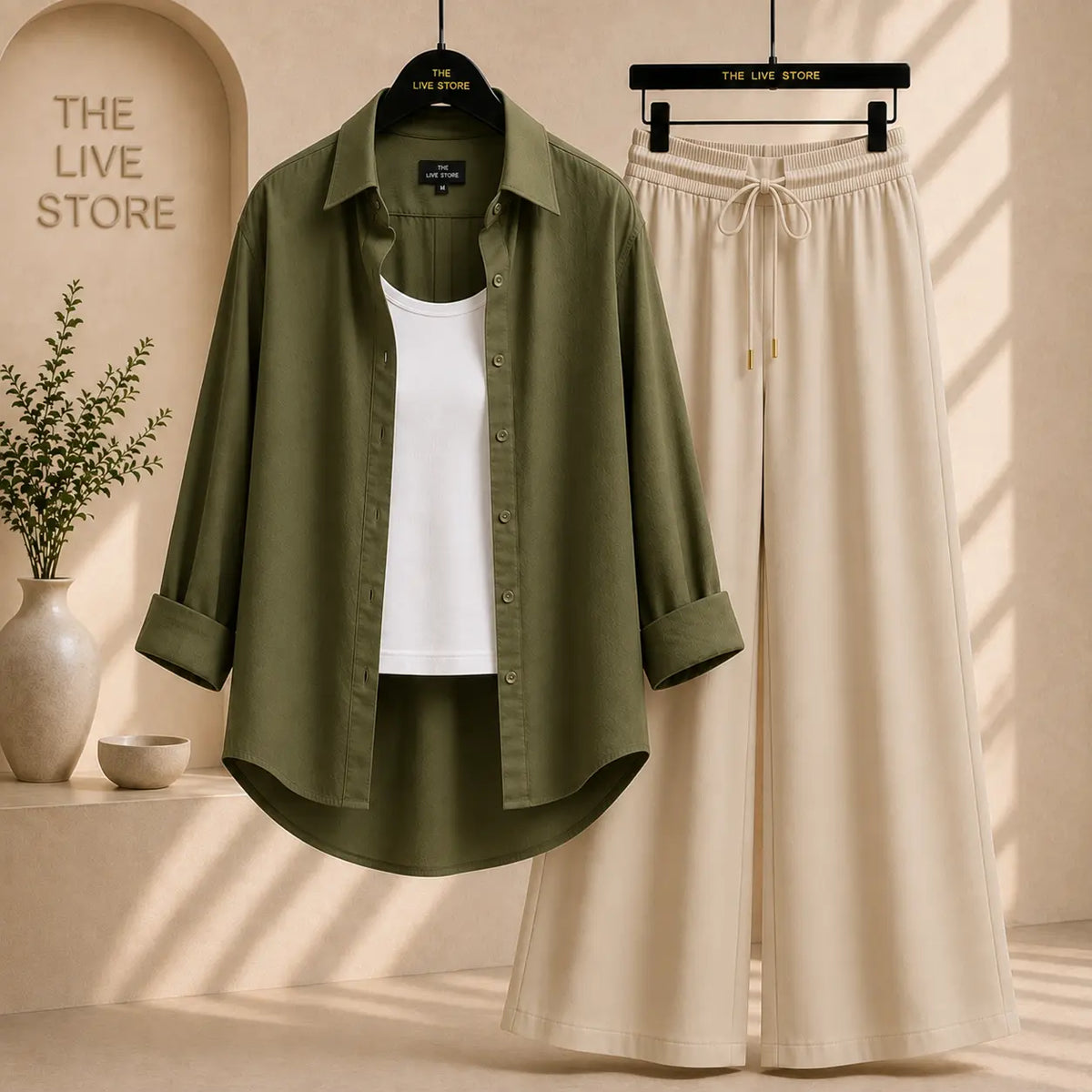 TRIO PACK ( OLIVE GREEN BUTTON DOWN SHIRT WITH WHITE INNER AND BEIGE FLAPPER TROUSER) The Live Store