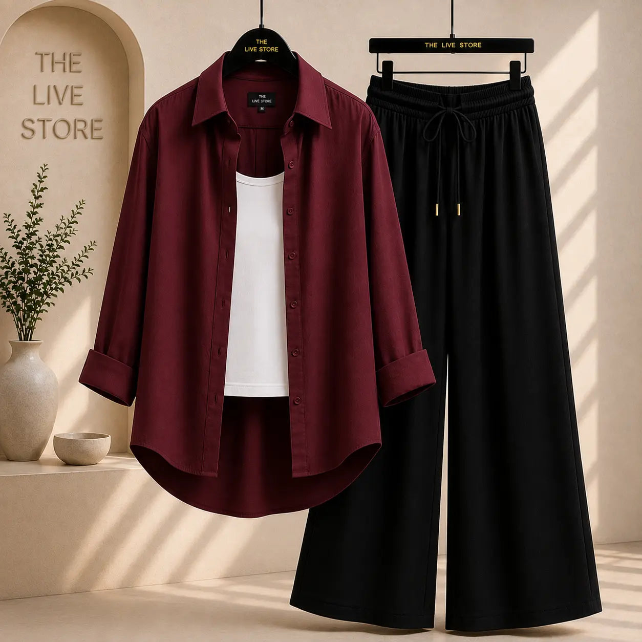 TRIO SET (MAROON BUTTON DOWN SHIRT, WHITE TANK TOP, BLACK FLAPPER TROUSER) The Live Store