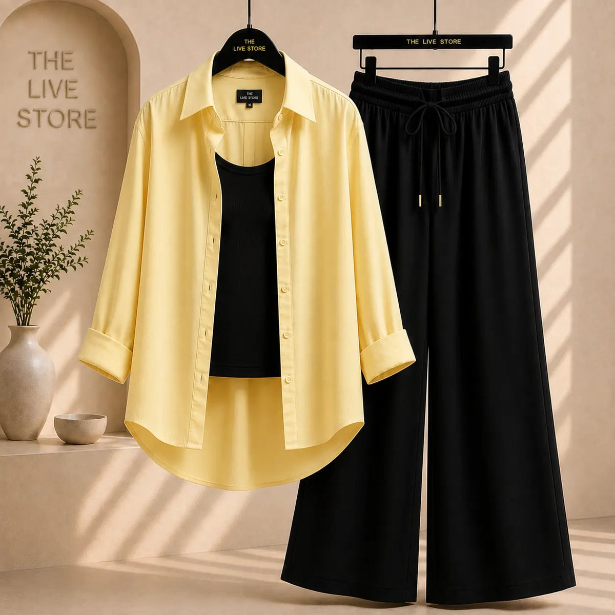 TRIO PACK ( BUTTER YELLOW BUTTON DOWN SHIRT WITH BROWN INNER AND BLACK FLAPPER TROUSER) The Live Store