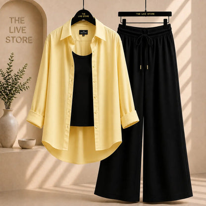 TRIO PACK ( BUTTER YELLOW BUTTON DOWN SHIRT WITH BROWN INNER AND BLACK FLAPPER TROUSER) The Live Store