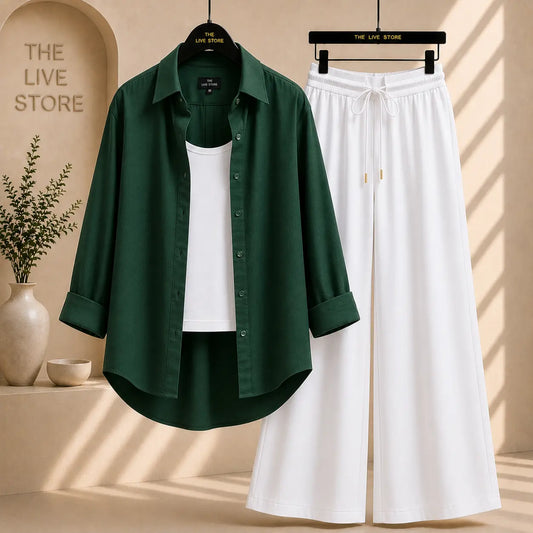 TRIO SET (BOTTLE GREEN BUTTON DOWN SHIRT, WHITE TANK TOP, WHITE FLAPPER TROUSER) The Live Store