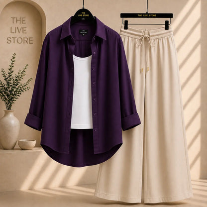 PURPLE BUTTON DOWN SHIRT, WHITE INNER TANK AND BEIGE FLAPPER TROUSER The Live Store