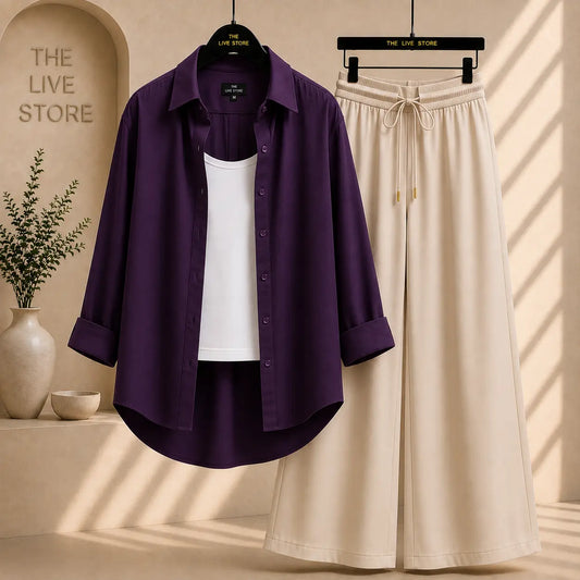 PURPLE BUTTON DOWN SHIRT, WHITE INNER TANK AND BEIGE FLAPPER TROUSER The Live Store