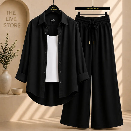 TRIO SET (BLACK BUTTON DOWN SHIRT, WHITE TANK TOP, BLACK FLAPPER TROUSER) The Live Store