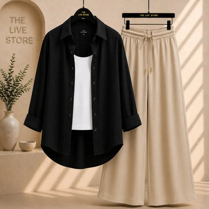 TRIO SET (BLACK BUTTON DOWN SHIRT, WHITE TANK TOP, BEIGE FLAPPER TROUSER) The Live Store