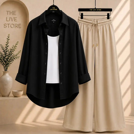 TRIO SET (BLACK BUTTON DOWN SHIRT, WHITE TANK TOP, BEIGE FLAPPER TROUSER) The Live Store